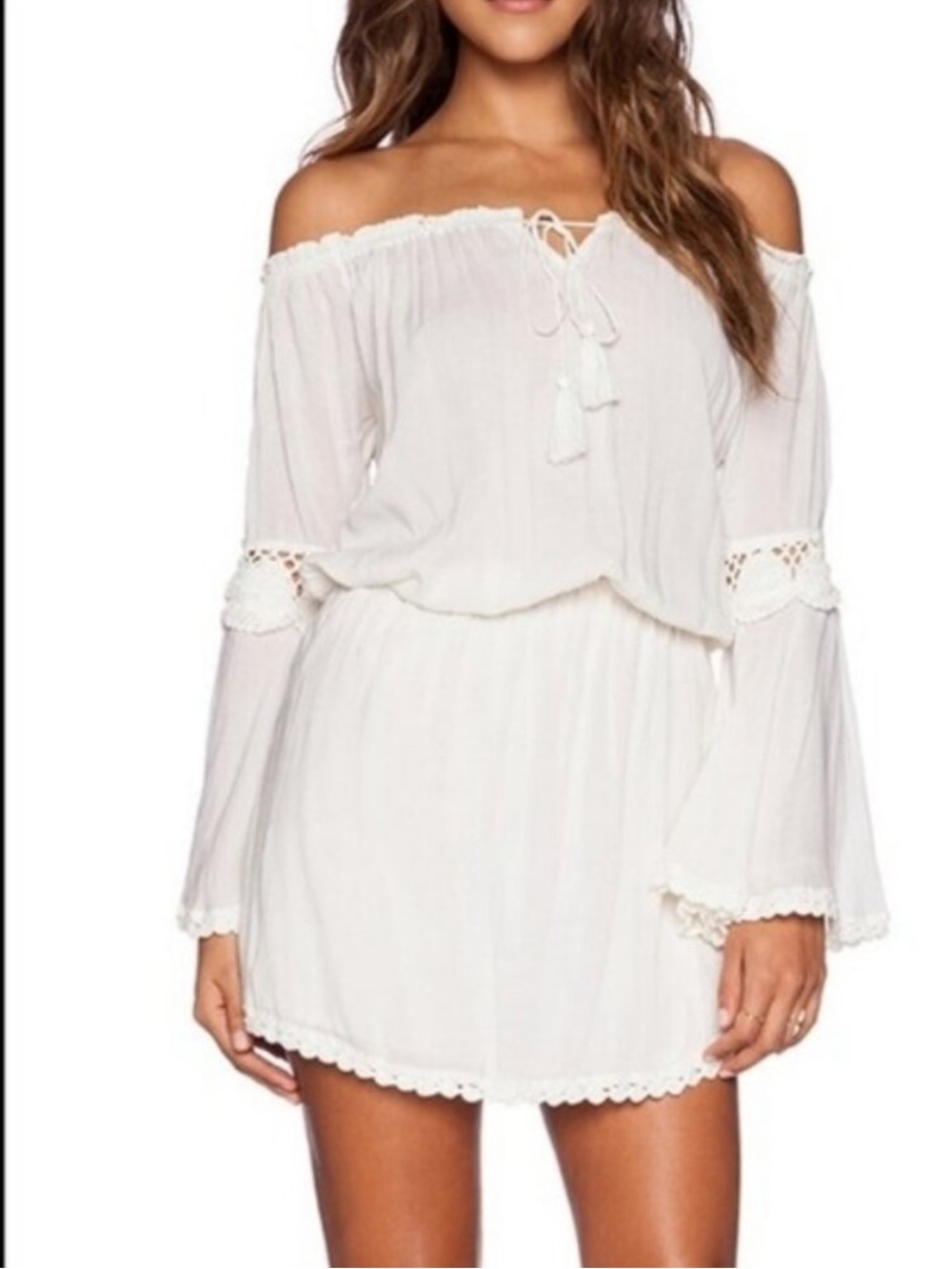 Cleobella Cream Crochet White Bell Sleeve Coastal Cowgirl Boho Mini Dress Small